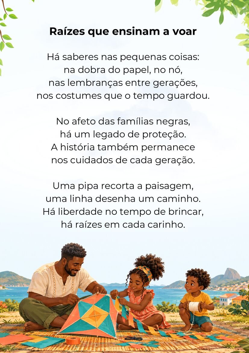 Poema Raízes que ensinam a voar, com um homem e duas crianças negras preparando uma pipa colorida.